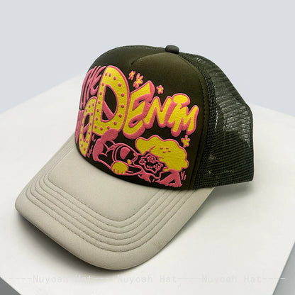 Unisex, interessant, 3D-printet bogstav, baseballkasketter, solskærm, tegneserie, åndbar, farveblok, trucker-kasketter, mesh, alsidig inderside