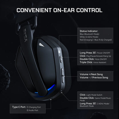 EKSA 2.4GHz Wireless Gaming Headphones With Mic USB/Type C Ultralight Foldable Over-Ear Bluetooth Headset Gamer For PC/PS5/Xbox