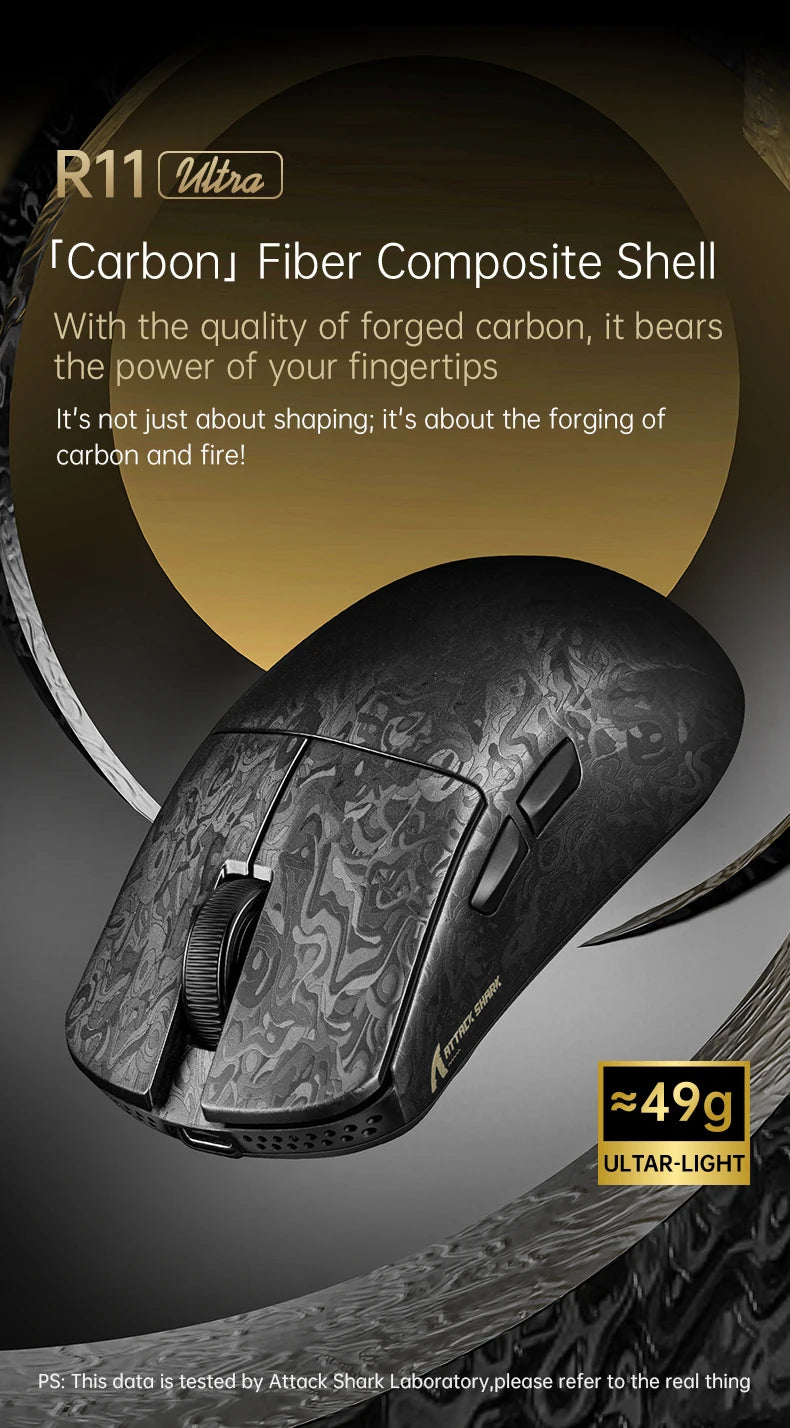 Attack Shark R11 Ultra 8K Carbon Fiber Gaming Mouse, PAW3950MAX, 49g Ultra-Lightweight, Wireless 8000Hz Polling,Tri-Mode