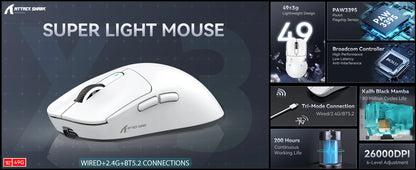 Attack Shark X3/X3PRO 4K/8K Tri-mode Gaming Mouse, PixArt PAW3395 Sensor, 26K DPI, 49g Ultralight,BT/2.4G Wireless/Wired,for PC