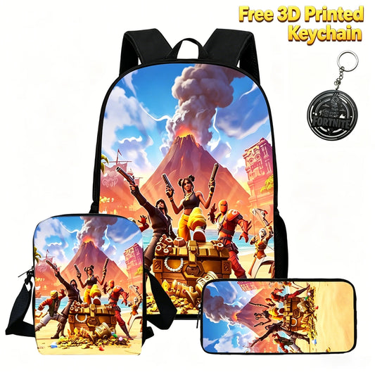3Pcs Kids Backpack Set, Crossbody & Pencil Bag, FORTNITE Cartoon Bag, Lightweight for Boys Girls 5-10, Free 3D Printed Keychain