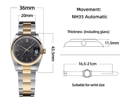Baltany Men Automatic Watch 36MM Mechaical Wristwatch Bubble Sapphire 10ATM Waterproof C3 Luminous NH35