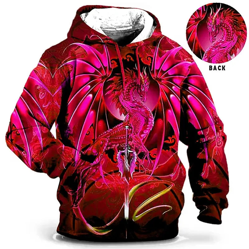 Felpa con cappuccio da uomo, abbigliamento maschile, stampa 3D, felpa outdoor con drago, moda quotidiana autunnale, maniche lunghe