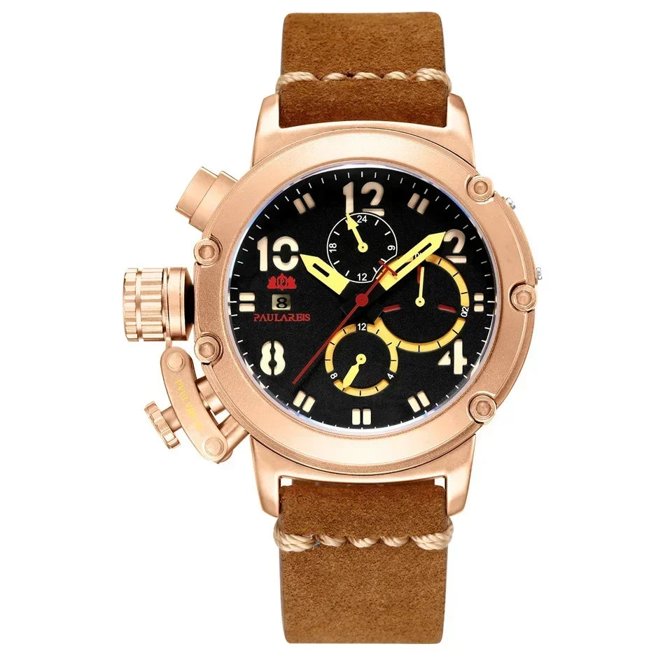 Automatic Watches for Men Mechanical Self Wind Genuine Leather Multifunction Date Boat Month Gold Bronze U Reloj Hombre Baratos