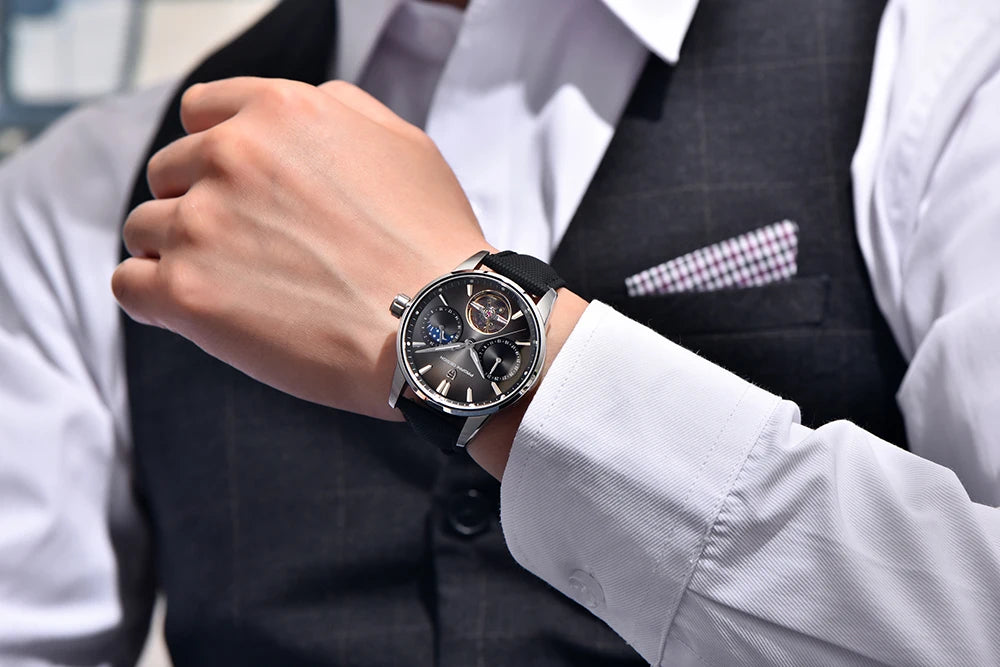 PAGANI DESIGN – Montre mécanique de luxe pour homme, 41 mm, verre saphir, bracelet en cuir, étanche, style pilote, avec tourbillon et phase de lune