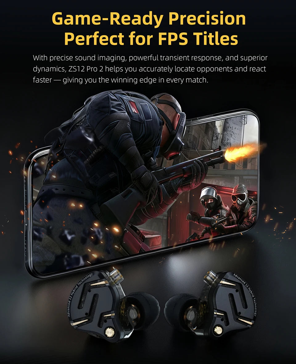 KZ ZS12 PRO 2 Flagship-Grade Super-Linear Hybrid IEM Earphones HiFi Bass In Ear Headphones Esports Gaming Headest Wired Earbuds