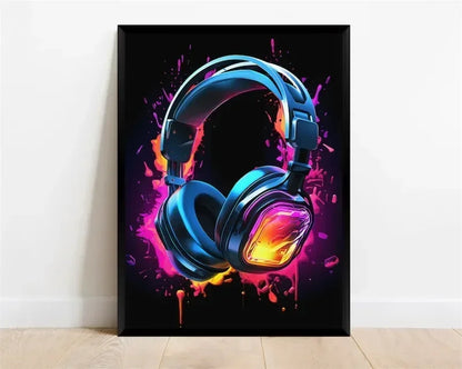 Pop-Neon-Poster mit Videospiel-Charakter, Gamepad, Kopfhörern, Fußball und Basketball – Leinwanddruck, Wandkunst-Dekor für das Gaming-Zimmer