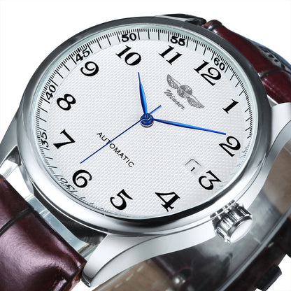 WINNER herreur – Klassisk, retro og elegant stil – Mekanisk automatisk ur med kalender – Luksusmærke, stålurkasse og læderrem