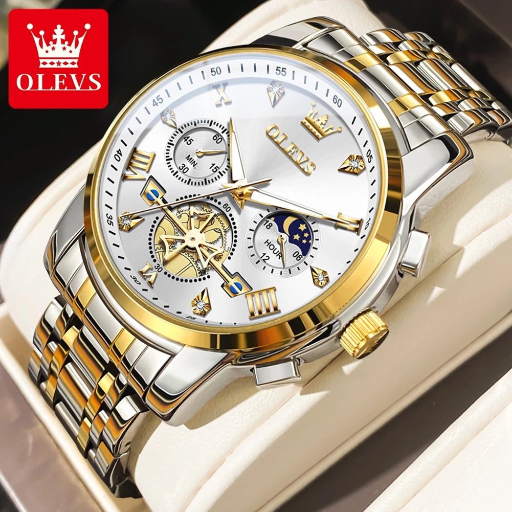 OLEVS Men's Watches Classic Multifunctional Flywheel Chronograph Original Quartz Wristwatch Moon Phase 24 Hour Waterproof Watch