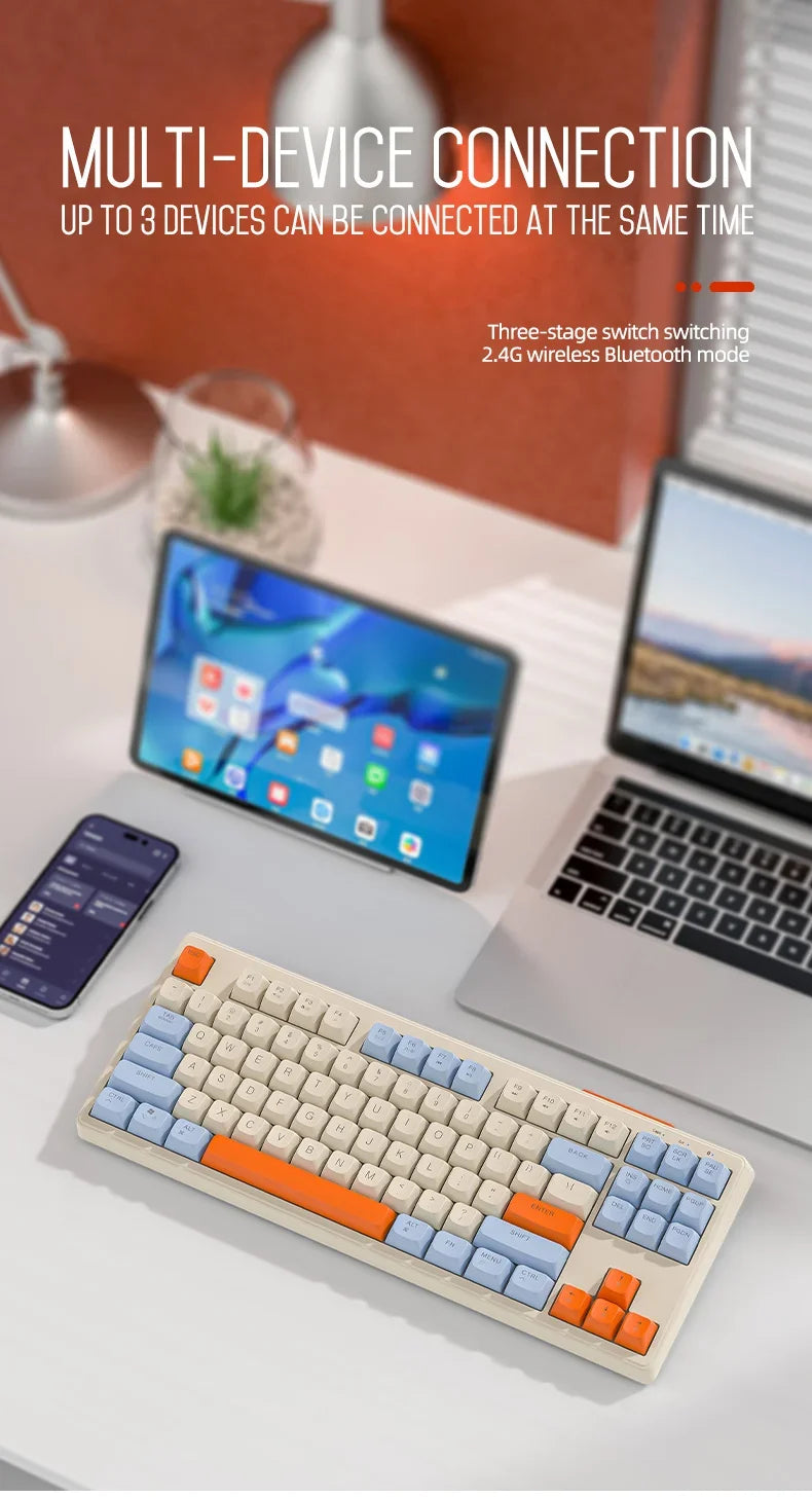 Teclado M87 inalámbrico Bluetooth de doble modo, sensación mecánica, gaming y oficina, silencioso, teclas esféricas PBT, luz arcoíris