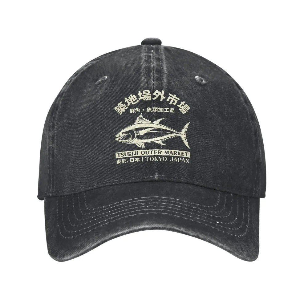 Japanse Tsukiji-vismarkt, gewassen, Tokio, Japan, baseballpet, zongewassen truckerpet, dames- en heren-snapbackpet