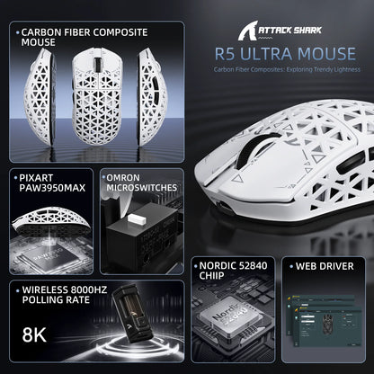 ATTACK SHARK R5 Ultra Carbon Fiber bezdrátová herní myš, herní snímač PixArt PAW3950MAX, 42000DPI, 8000Hz, MCU Nordic 52840