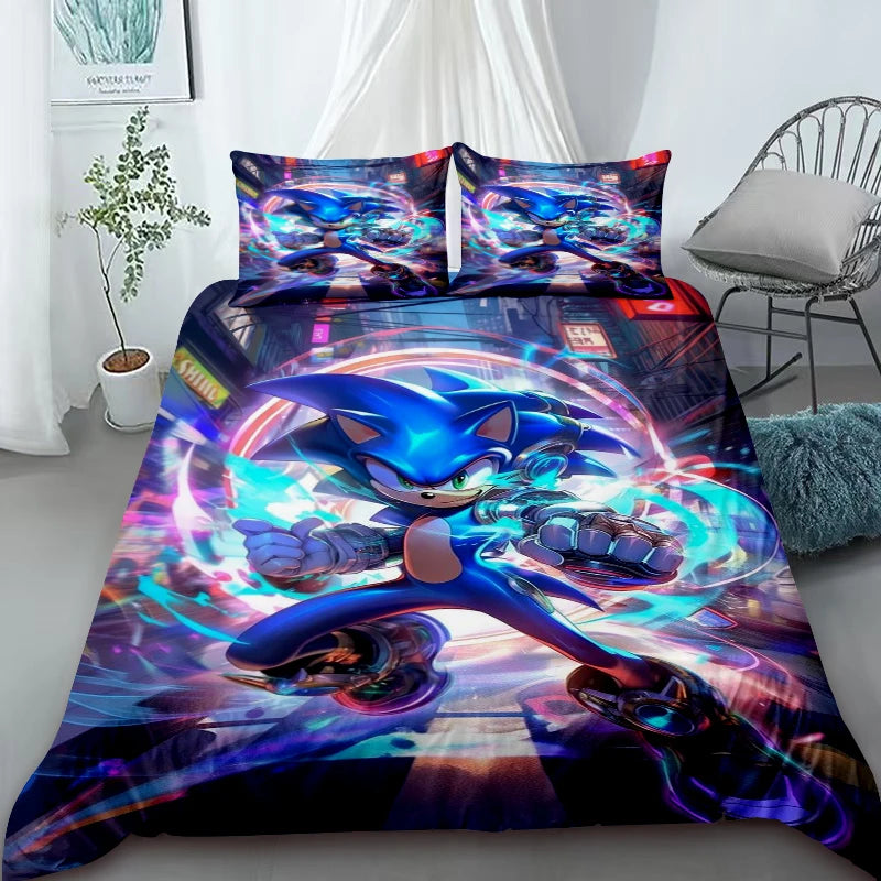 3-Piece Duvet Cover Set – Sonic Cartoon Bedding Set – Duvet Cover for Kids and Teens – Gifts & Bedroom Decor King Queen
