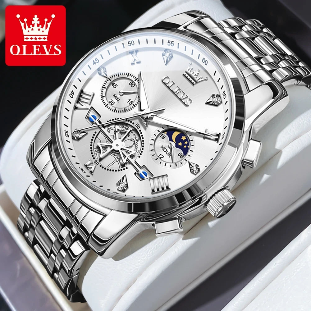 OLEVS Men's Watches Classic Multifunctional Flywheel Chronograph Original Quartz Wristwatch Moon Phase 24 Hour Waterproof Watch
