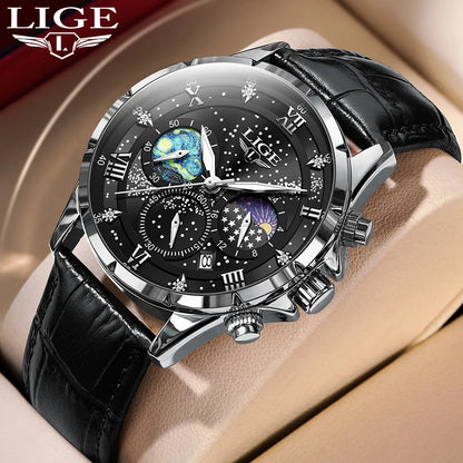 Relógio para homem LIGE – Relógio de quartzo de luxo, estilo descontraído, bracelete em pele, ideal para o trabalho ou para a prática desportiva, resistente à água, com data e cronógrafo.