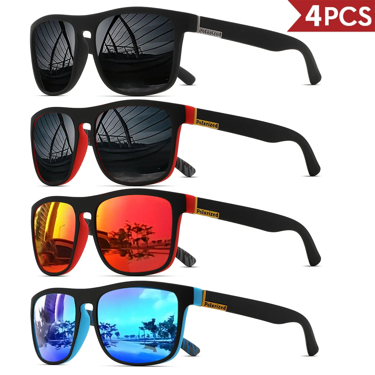4PCSClassic Square Polarized Sports Sunglasses Lightweight PC Frame UV400 for Driving Fishing Cycling Unisex Everyday Durability
