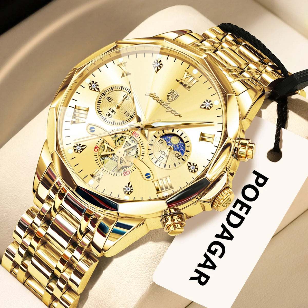 Relógio de pulso de luxo original POEDAGAR para homem, estanque, cronógrafo luminoso, relógio de pulso de aço inoxidável com movimento de quartzo, relógios de gama alta para homem