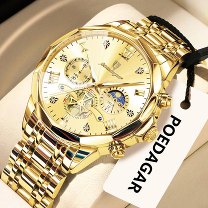 Relógio de pulso de luxo original POEDAGAR para homem, estanque, cronógrafo luminoso, relógio de pulso de aço inoxidável com movimento de quartzo, relógios de gama alta para homem