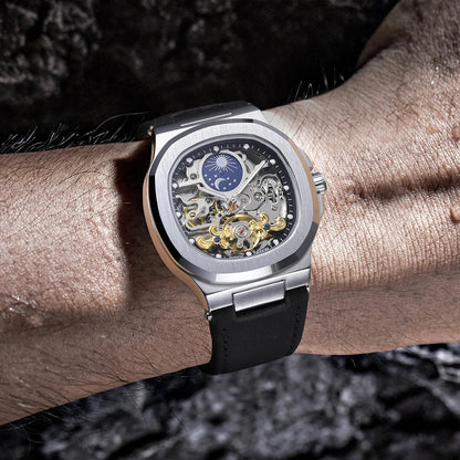 2025High-end Luxury SKROX Square Man Watch Sapphire Tourbillon Steel Skeleton Moon Phase Automatic Movement Leather Male Watches