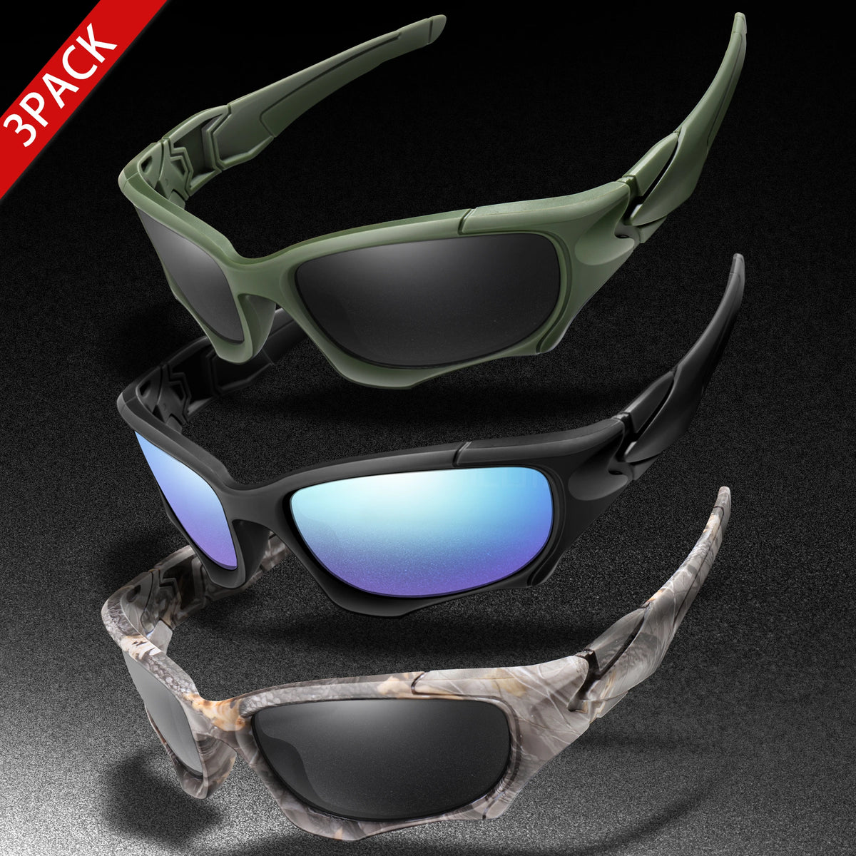 3-PACK Trendiga Outdoor Tactics-sportglasögon för män och kvinnor – cykelglasögon, bilkörning, camping, resor – färgglada skyddsglasögon