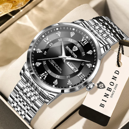 Relógio de pulso de luxo BINBOND com movimento de quartzo para homem – Impermeável, luminoso, com indicação do dia da semana – Estilo empresarial, desportivo, moderno e casual