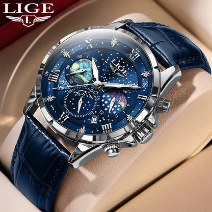 Relógio para homem LIGE – Relógio de quartzo de luxo, estilo descontraído, bracelete em pele, ideal para o trabalho ou para a prática desportiva, resistente à água, com data e cronógrafo.