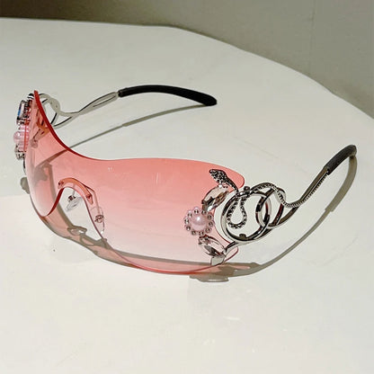 Ochelari de soare KAMMPT fără ramă Y2k cu strasuri, pentru femei, monobloc, pentru activități în aer liber, cu design la modă și lentile cu gradient
