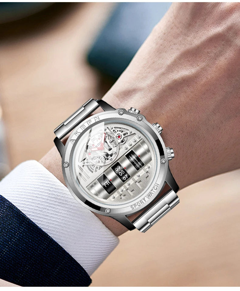 Luxury Electronic Quartz Watch For Men Business Watches Male Creative Men WristWatch Unique Rotate Date Leather Strap Watches