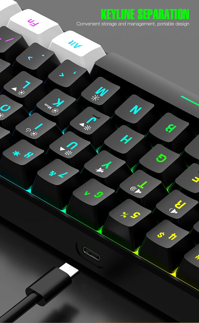 61-key wired white, black and blue switch waterproof mechanical keyboard RGB illuminated game and office kit PUBG gamer backlit