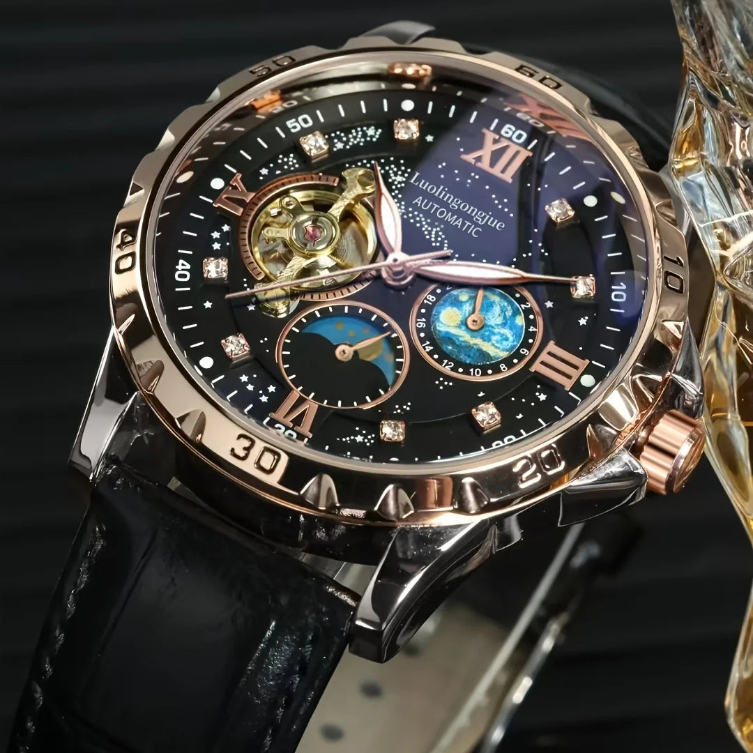New High-End Luxury Automatic Mechanical Men's Watch with Starry Sky Luminous Dial, Elegant Tourbillon Movement, Perfect for Business or Casual Wear, Ideal Christmas or Birthday Gift, Holiday Gift Watch, the Best Gift for Him