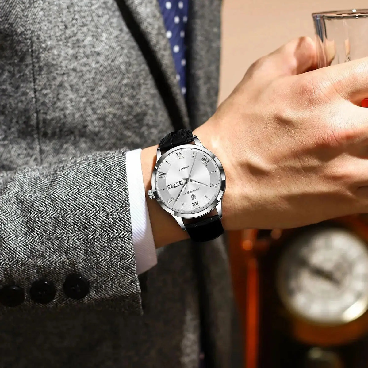 Relógio de homem na moda POEDAGAR, bracelete em pele, data e dia da semana, relógio de quartzo de luxo, estanque, luminoso, estilo business descontraído.