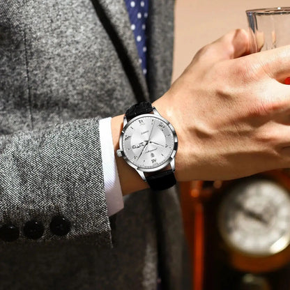 Relógio de homem na moda POEDAGAR, bracelete em pele, data e dia da semana, relógio de quartzo de luxo, estanque, luminoso, estilo business descontraído.