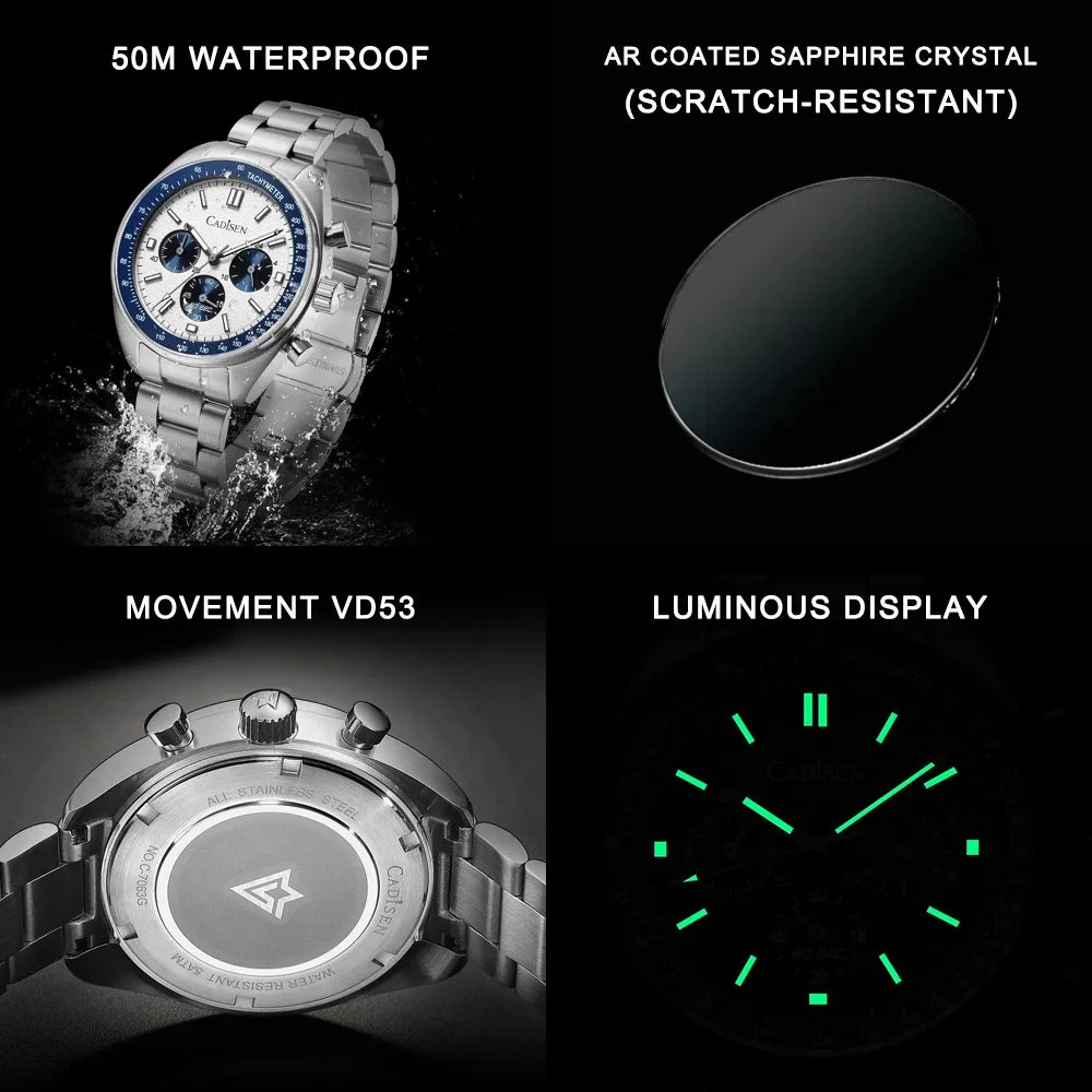 CADISEN Men's Sport Chronograph Watch Japan VD53 Movt Quartz Watches Sapphire Glass Stainless Steel Wristwatch For Men
