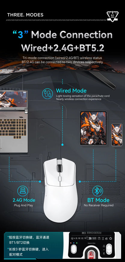 Attack Shark R1 Wireless Gaming Mouse Tri Mode 2.4G Bluetooth Wired 18K DPI 1000Hz PAW3311 Sensor 59g Lightweight Rechargeable