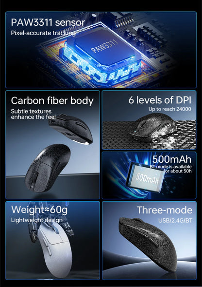 AJAZZ AJ199 Wireless Gaming Mouse PAW3311 24000DPI Lightweight Bluetooth/Wired Carbon Fiber Mice for PC Laptop Gamer