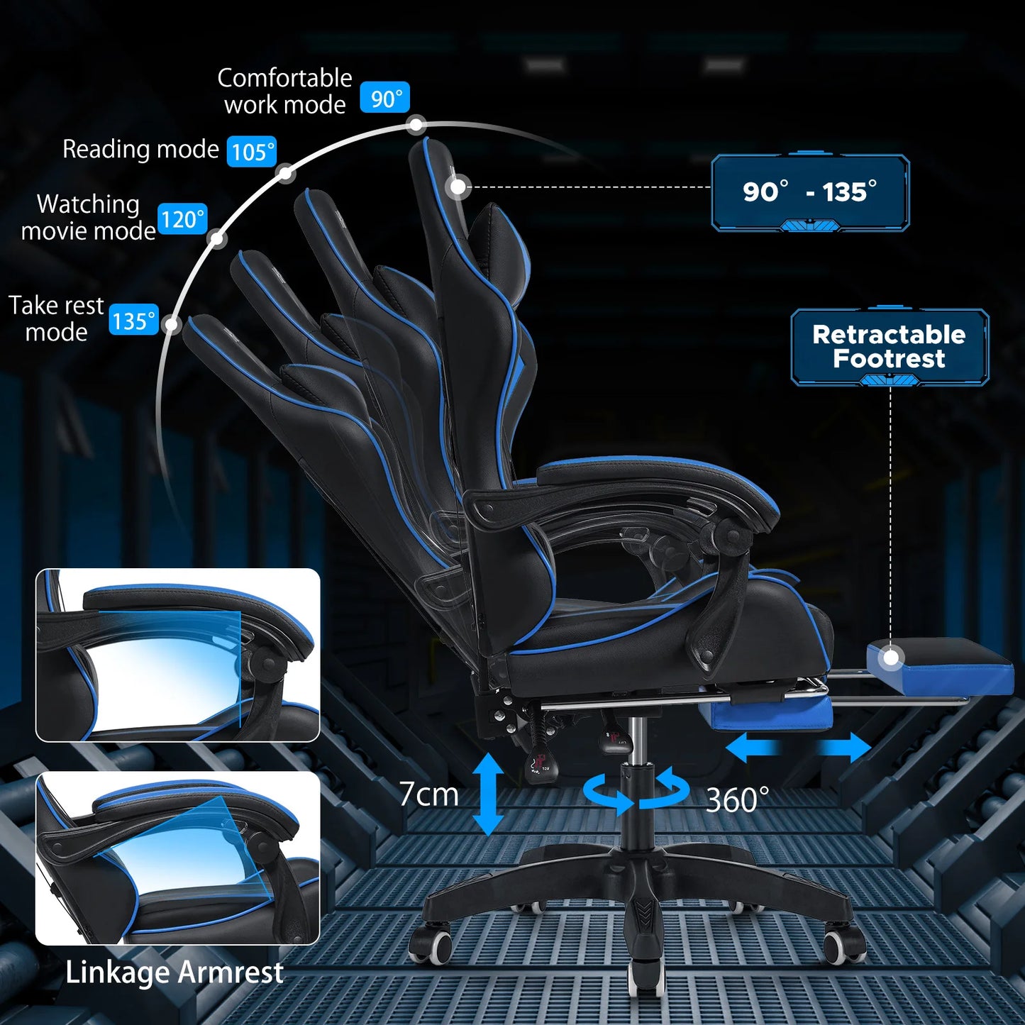 200Lbs Load Gaming Chair with Massage Ergonomic Computer Chair Footrest and Lumbar Support Reclining PC Chair Adjust Armrest