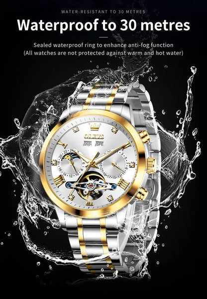 OLEVS Men's Watches Moon Phase Hollow Flywheel Exclusive Original Automatic Mechanical Watches For Men Luxury Man Watch New 7029