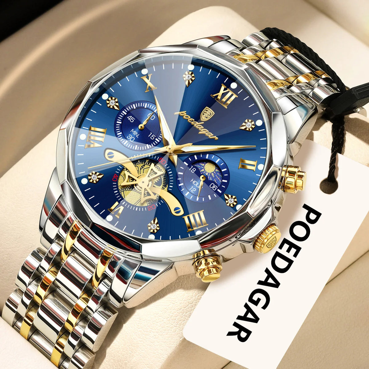 Relógio de pulso de luxo original POEDAGAR para homem, estanque, cronógrafo luminoso, relógio de pulso de aço inoxidável com movimento de quartzo, relógios de gama alta para homem