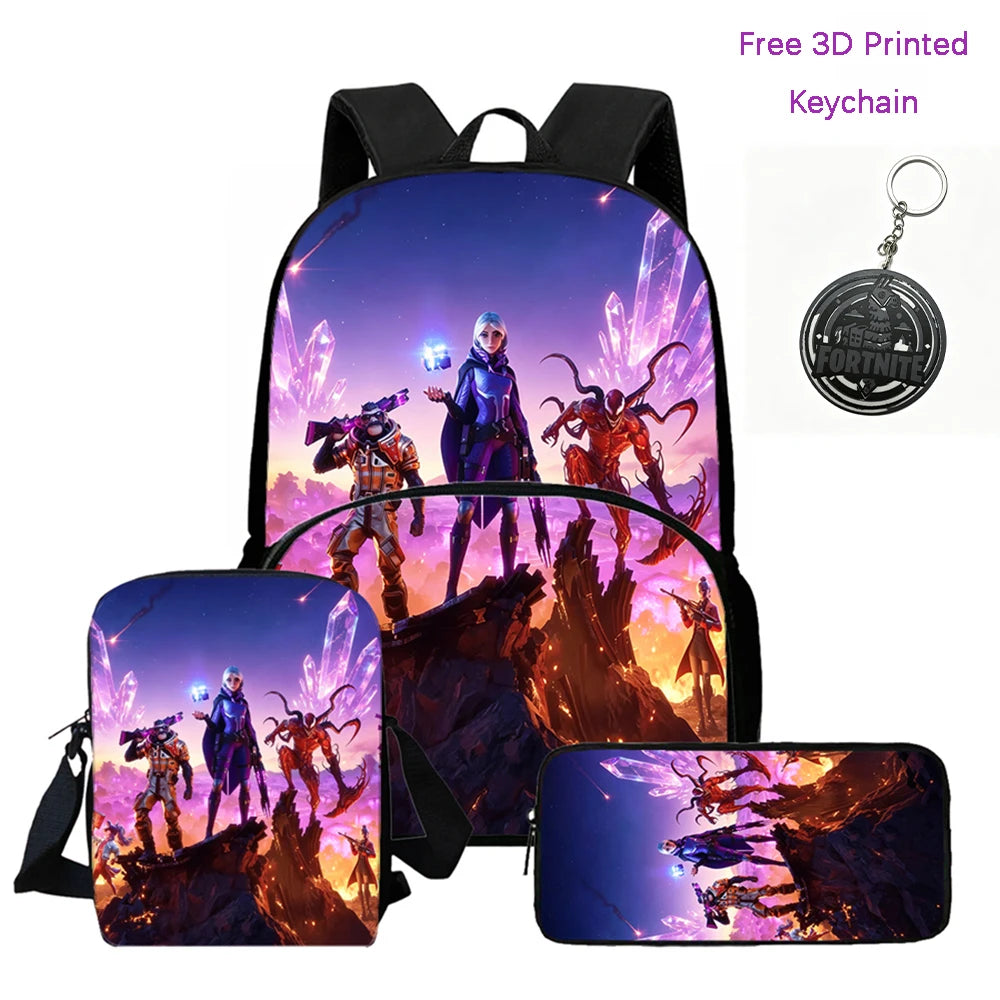 FORTNITE 3-Piece Lightweight Backpack Set with Front Pocket, Crossbody Bag & Pencil Case for Ages 5-10 Boys and Girls, Includes Free 3D Printed Keychain