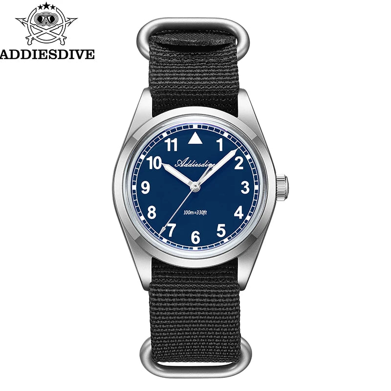 Reloj analógico para hombre ADDIESDIVE de 36mm con cristal de espejo abombado, resistente al agua 100m, luminoso, reloj de cuarzo sencillo para hombre con correa de nailon