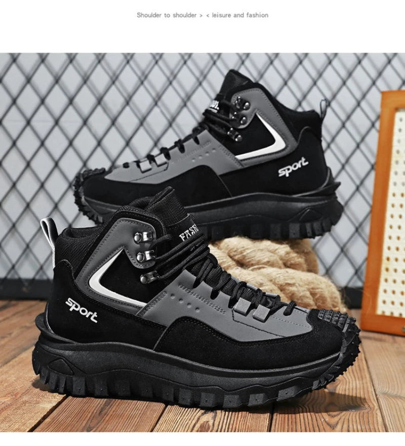 Black And Tan Mid Top Hiking Boots Suede And Leather Platform Sneakers Non Slip Outdoor Casual Shoes With Rugged Sole For All
