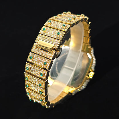 Gold Watch For Men Hip Hop Luxury Green Diamond Quartz Watches Fashion Iced Jewelry Clock Dropshipping