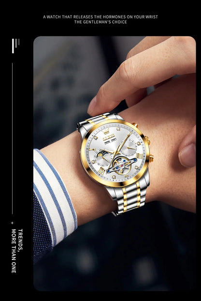 OLEVS Men's Watches Moon Phase Hollow Flywheel Exclusive Original Automatic Mechanical Watches For Men Luxury Man Watch New 7029
