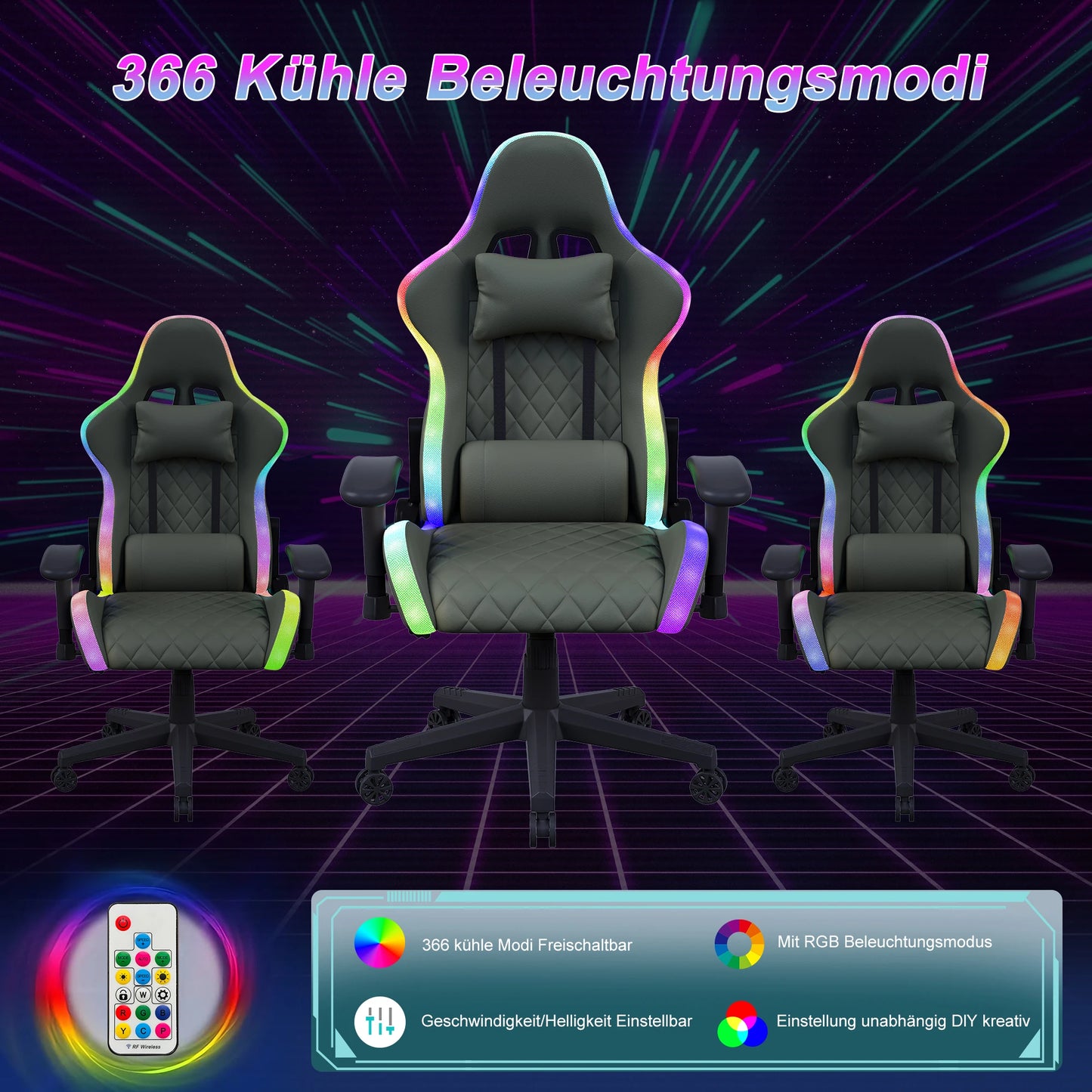LED Gaming Chair - Ergonomic Office Chair with Massage Function, Adjustable Backrest (90-135°), for Gamers up to 150 kg, Black