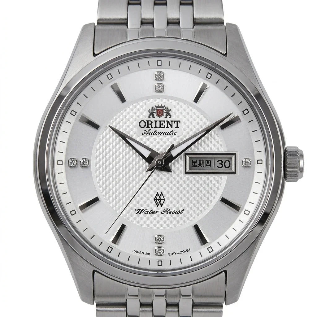 Orient mekanisk automatisk herreur med dobbelt kalender (dato og ugedag), krystalindekser og armbånd i rustfrit stål – Armbåndsur i professionel stil