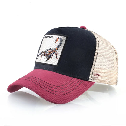 Unisex-trucker-kasket med broderet skorpion-patch, baseballkasket til mænd, snapback-hiphop-kasket til kvinder, udendørs kasket med visir i åndbart materiale