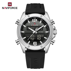 NAVIFORCE Men Quartz LCD Dual Display Watch With Silicone Strap 3ATM Waterproof Shockproof Night Light Round Case Sport Casual