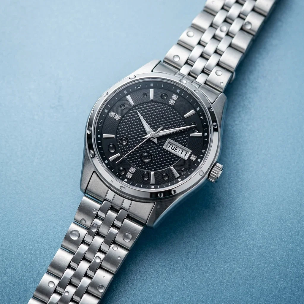 Orient mekanisk automatisk herreur med dobbelt kalender (dato og ugedag), krystalindekser og armbånd i rustfrit stål – Armbåndsur i professionel stil