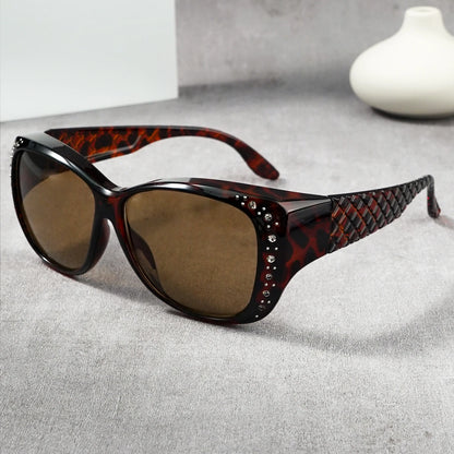 Sunglasögon med strass som passar över vanliga glasögon – Modesolglasögon som passar över – Glittrande, överdimensionerade, leopardmönstrade, fyrkantiga glasögon