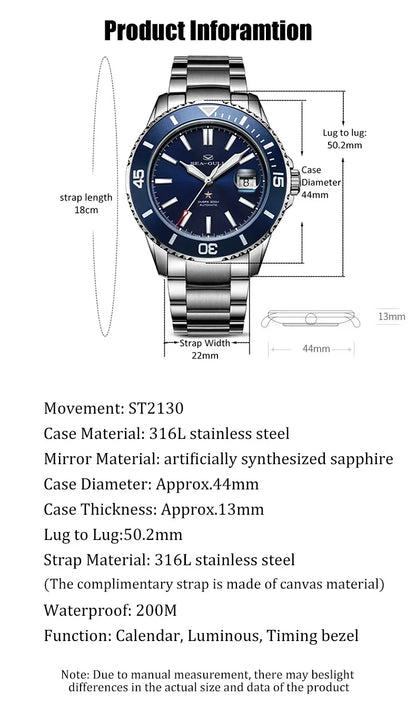 Seagull relogio masculino Men Watch 200m Diving Business Waterproof Fashion Automatic Mechanical Watch Ocean Series 816.32.1523